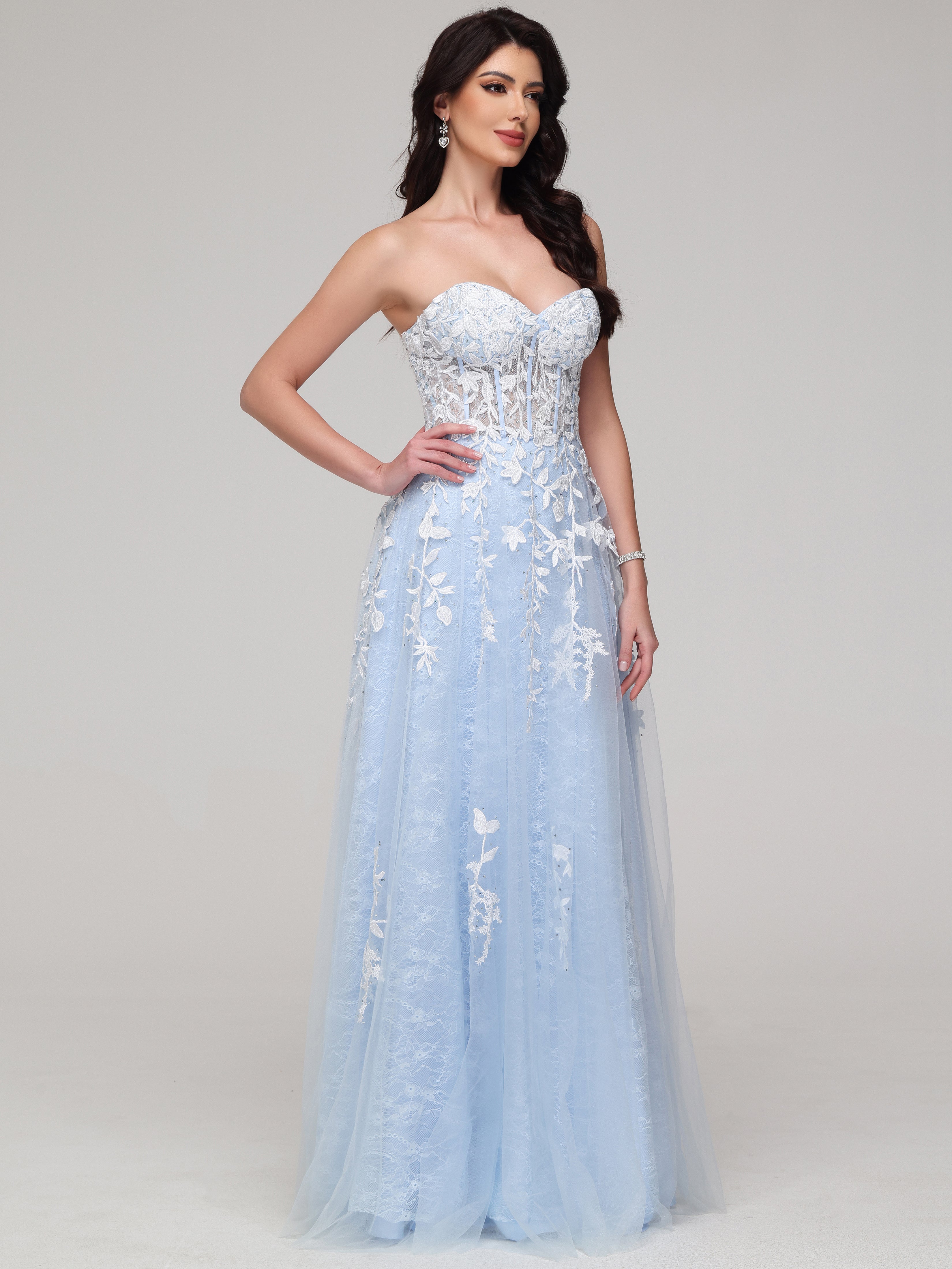 Cache cœur Trapèze Tulle Dentelle Strass Robe de Soirée BLEU CIEL