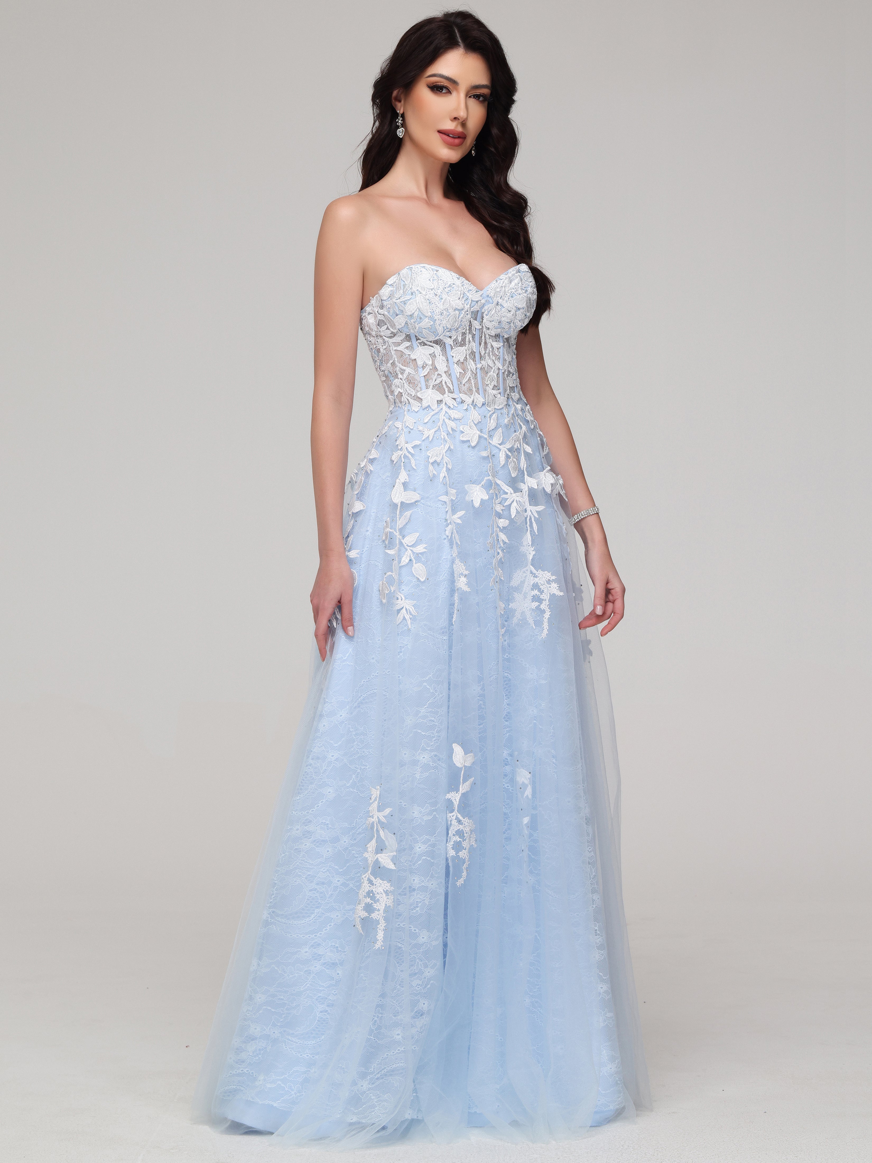 Cache cœur Trapèze Tulle Dentelle Strass Robe de Soirée BLEU CIEL