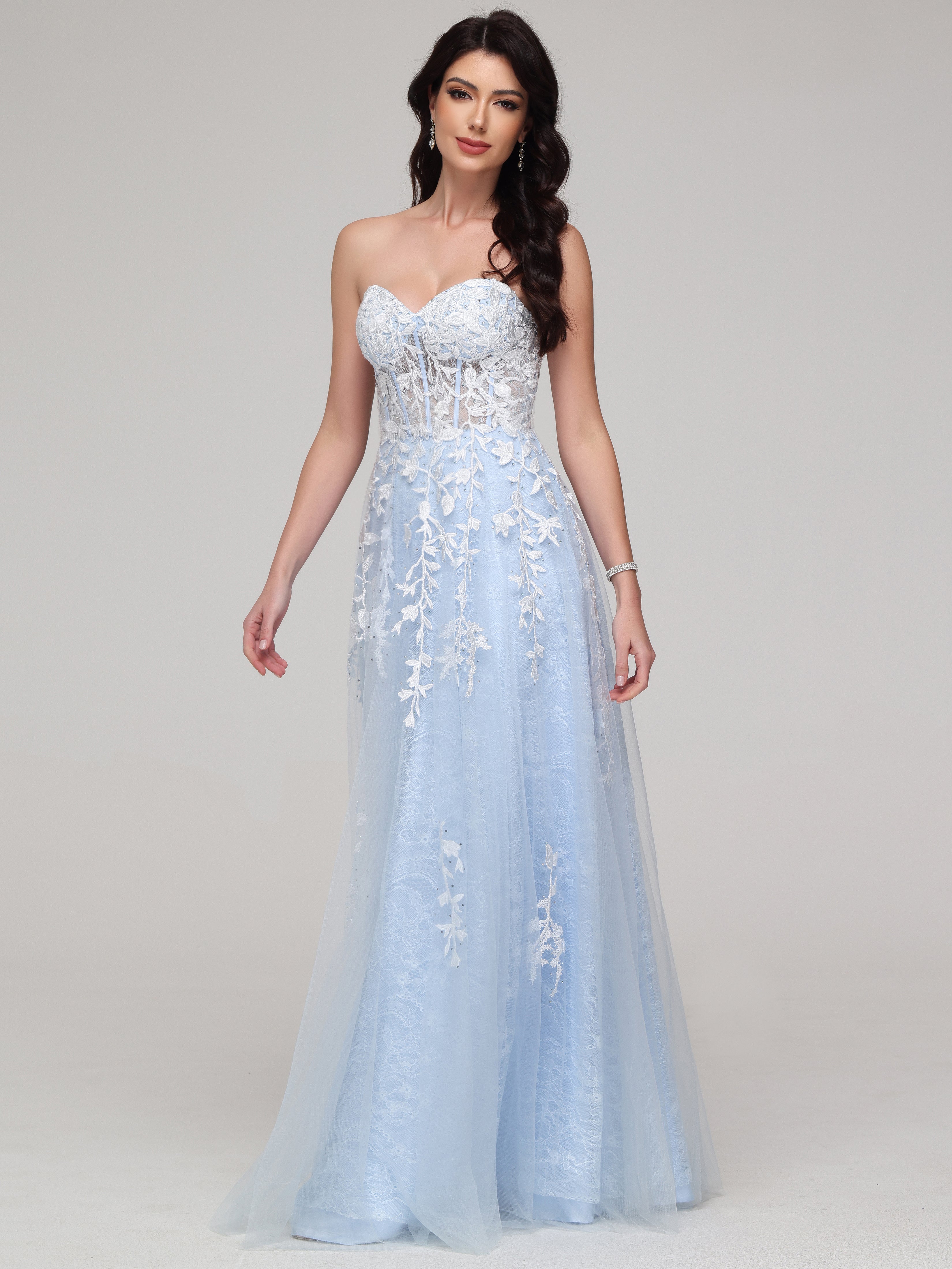 Cache cœur Trapèze Tulle Dentelle Strass Robe de Soirée BLEU CIEL