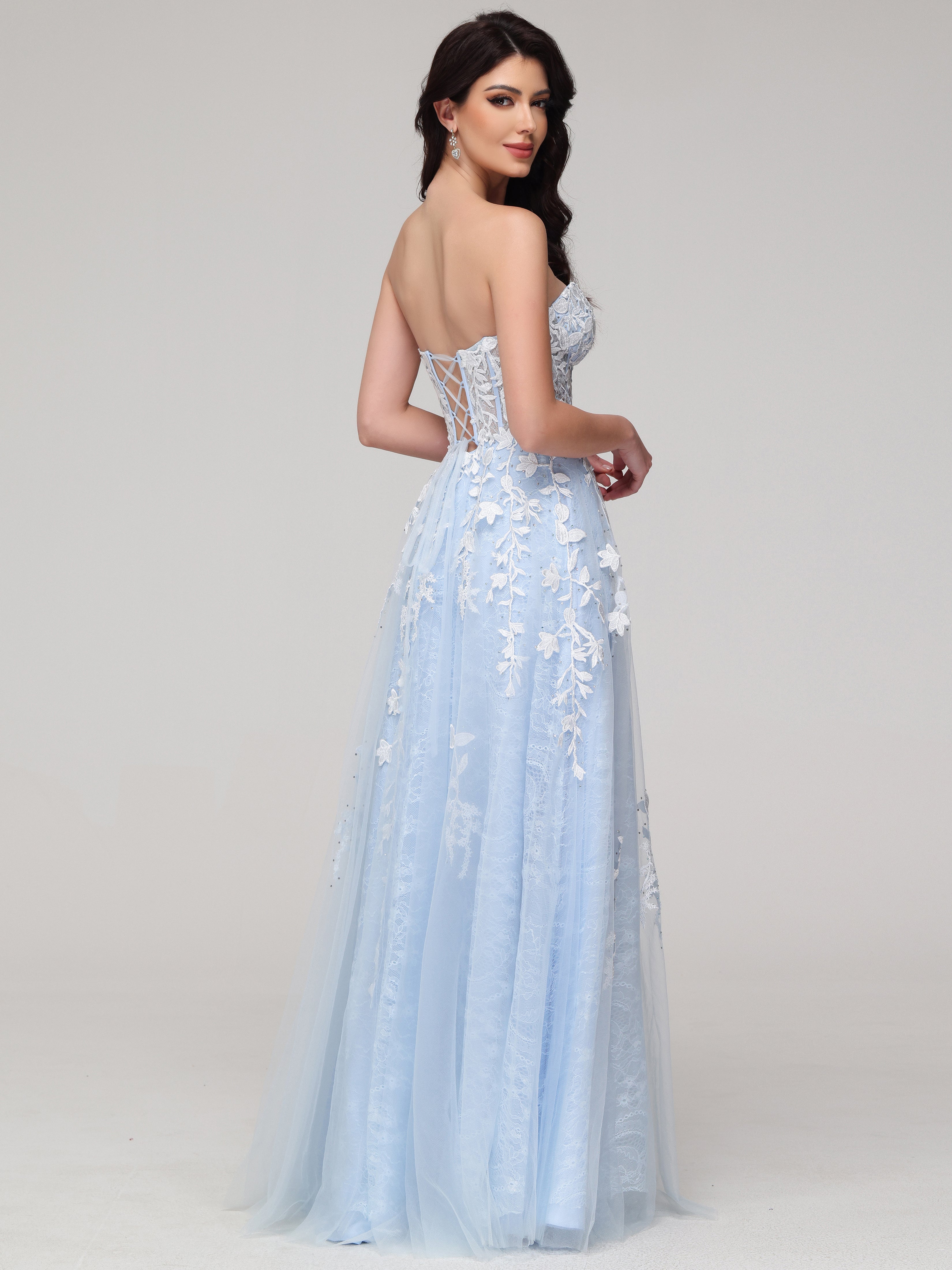 Cache cœur Trapèze Tulle Dentelle Strass Robe de Soirée BLEU CIEL