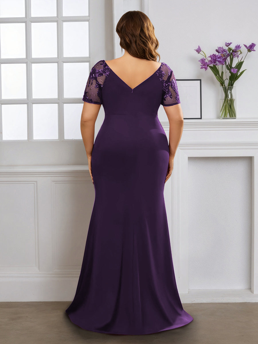 Cicinia Robe pour Mère de la Mariée Raisin Longue en Tissu Extensible Fourreau Décolleté en V Fente Gande Taille
