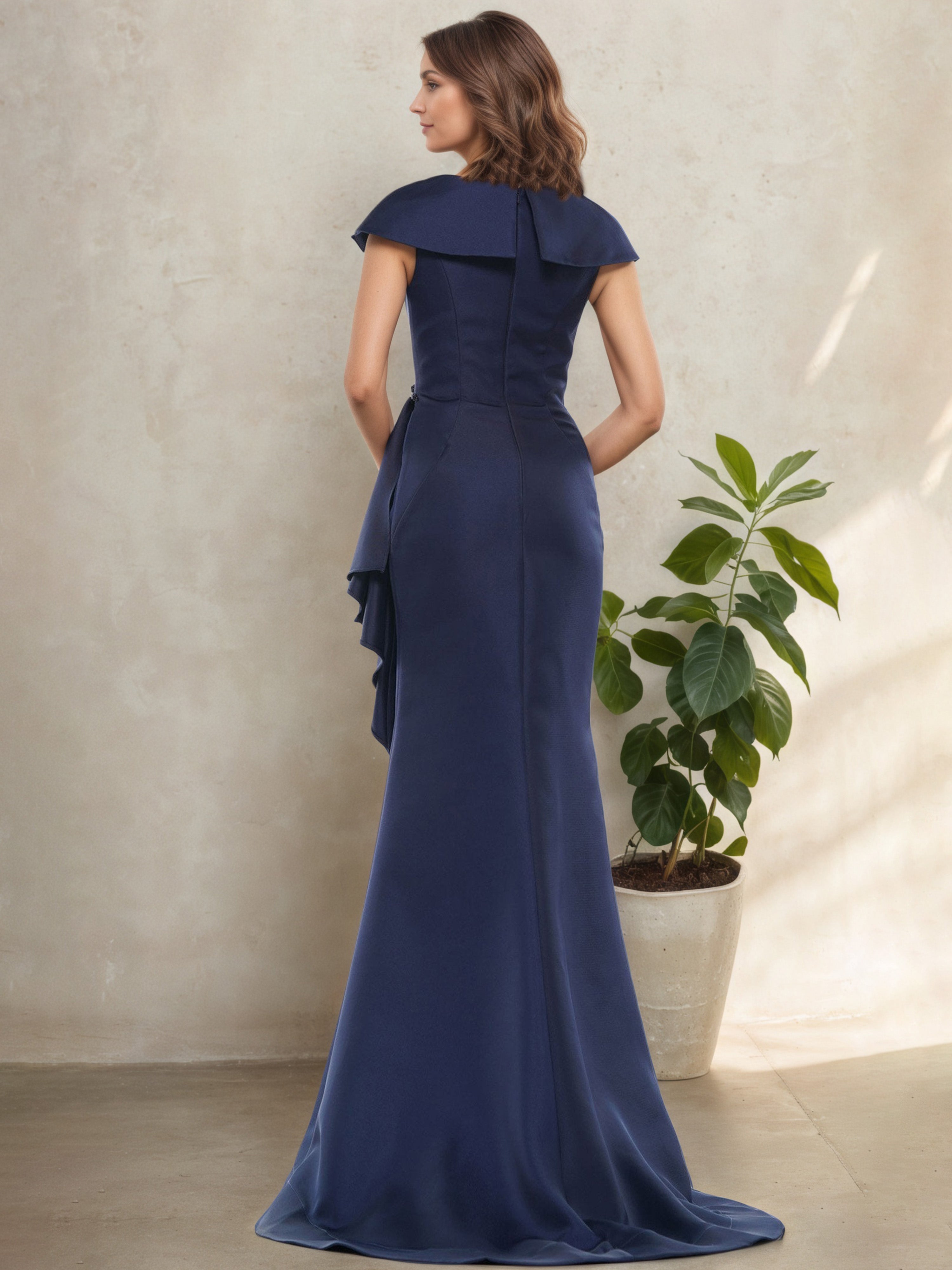 Robe Mère de la Mariée MARINE_FONCE à Décolleté en V Manches Ballon avec Volant Latéral