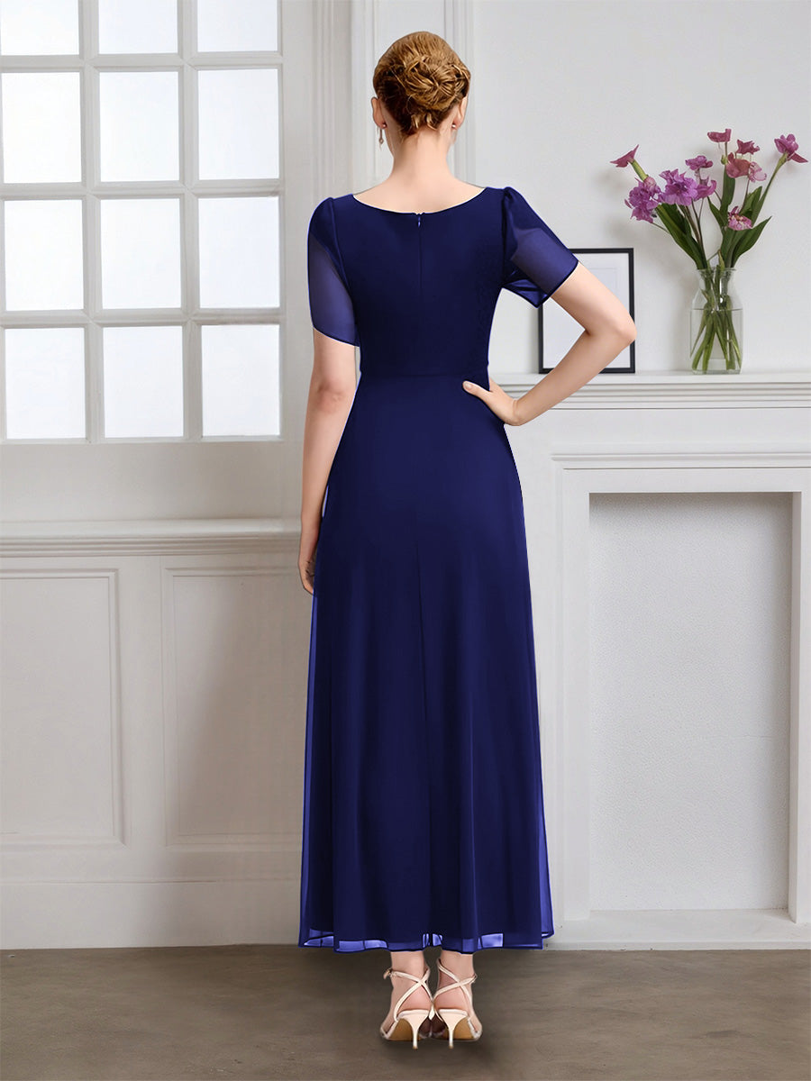 Cicinia Bleu Marine Robe pour Mère de la Mariée Longue A-Line en Mousseline Manches Courtes Décolleté en V Longueur Cheville