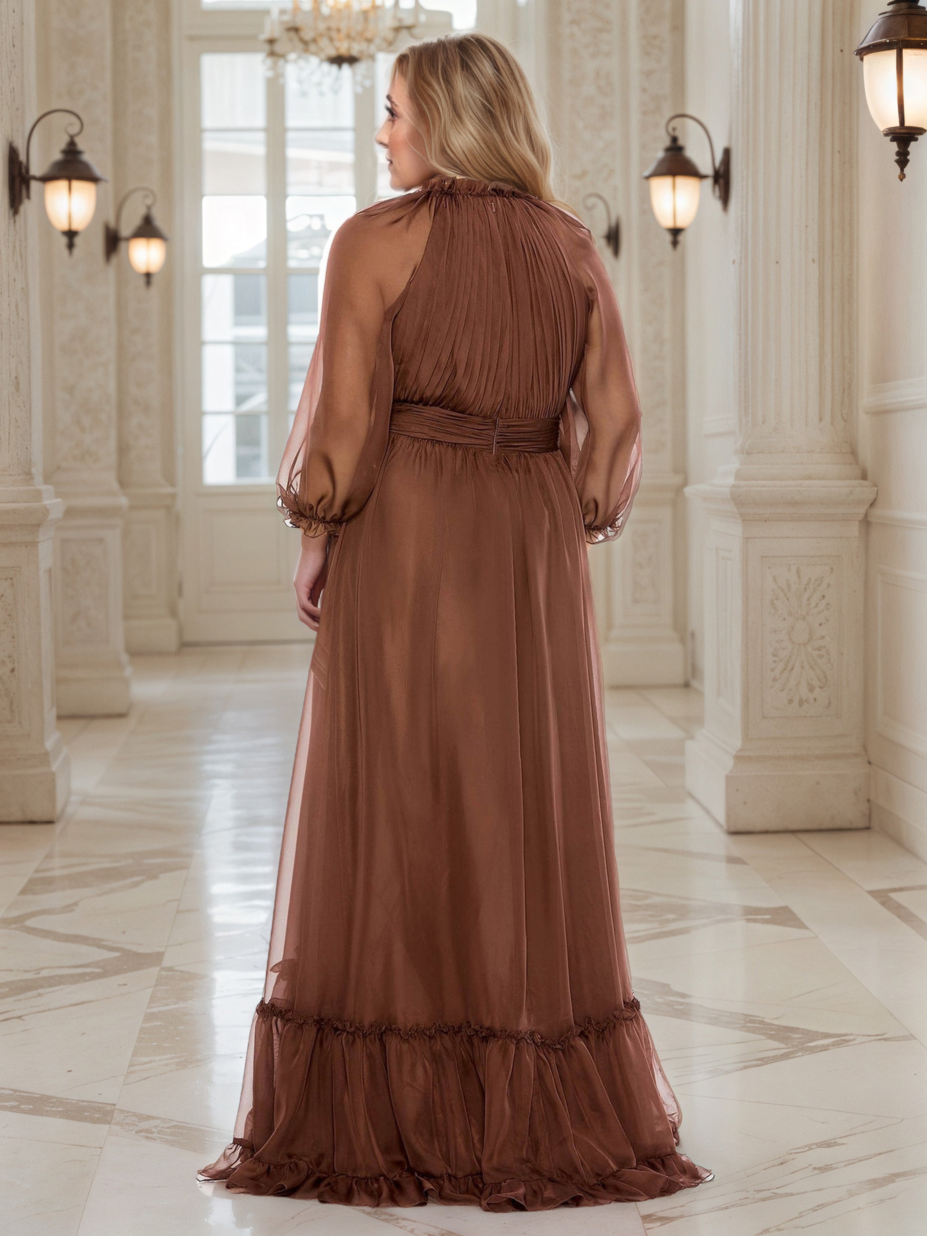 Robe de Bal BRUN à Encolure Col Claudine et Manches Illusion Grande Taille Coupe A-Line avec Volants et Plissés