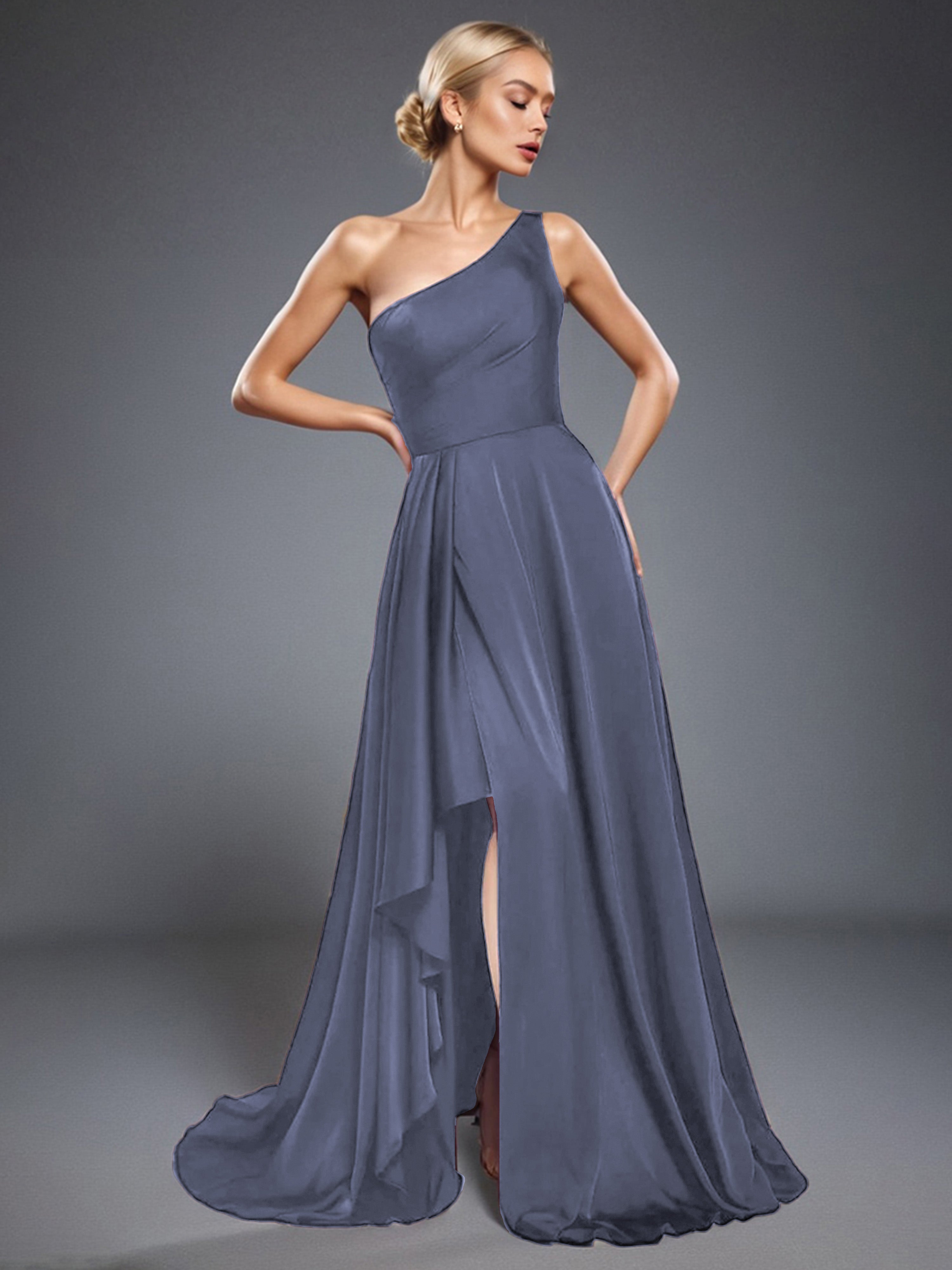Robe de Soirée ORAGEUX Trapèze Seule épaule Satin Doux Robe de Soirée à traîne