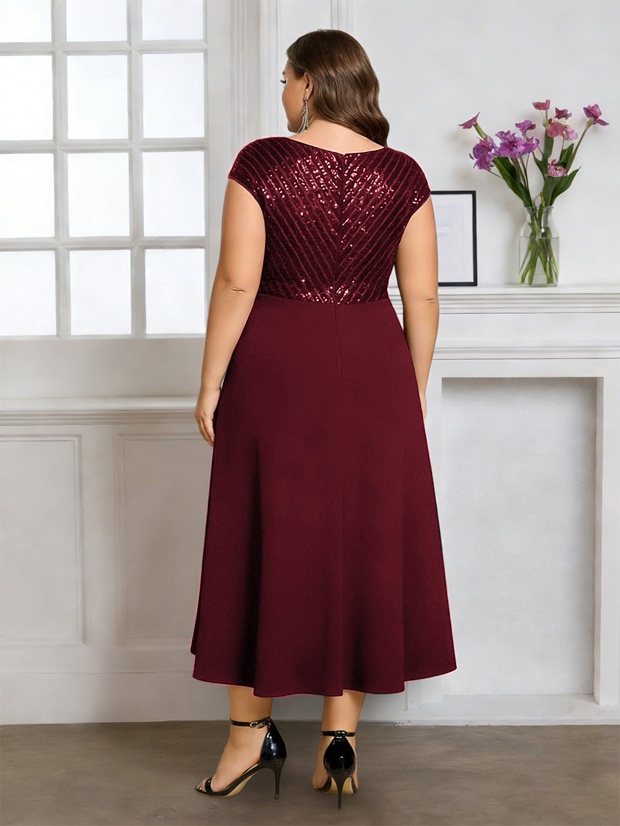 Cicinia Cabernet Robe pour Mère de la Mariée Longue A-Line en Mousseline à Paillettes Décolleté en V Longueur Midi Grande Taille