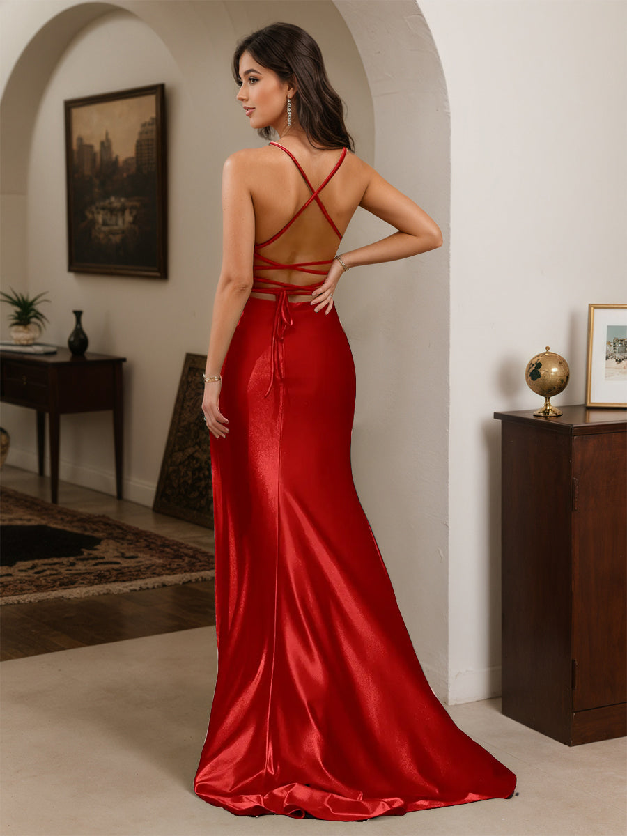 Cicinia Robe de Soirée Rouge Longue Fourreau à Bretelles Spaghetti Dos Nud Fente