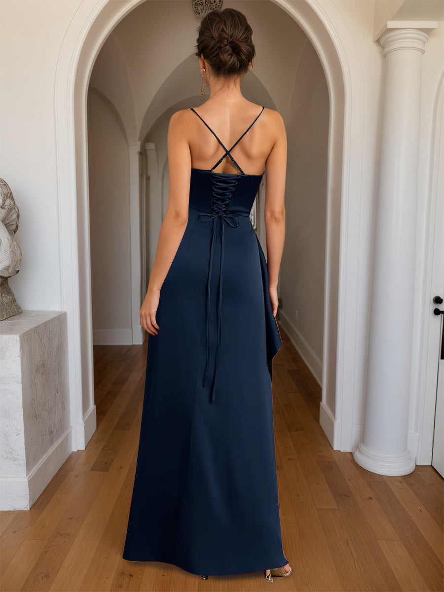 Cicinia Robe de Soirée BLEU MARINE Longue Fourreau à Bretelles Spaghetti Fente Longueur Sol