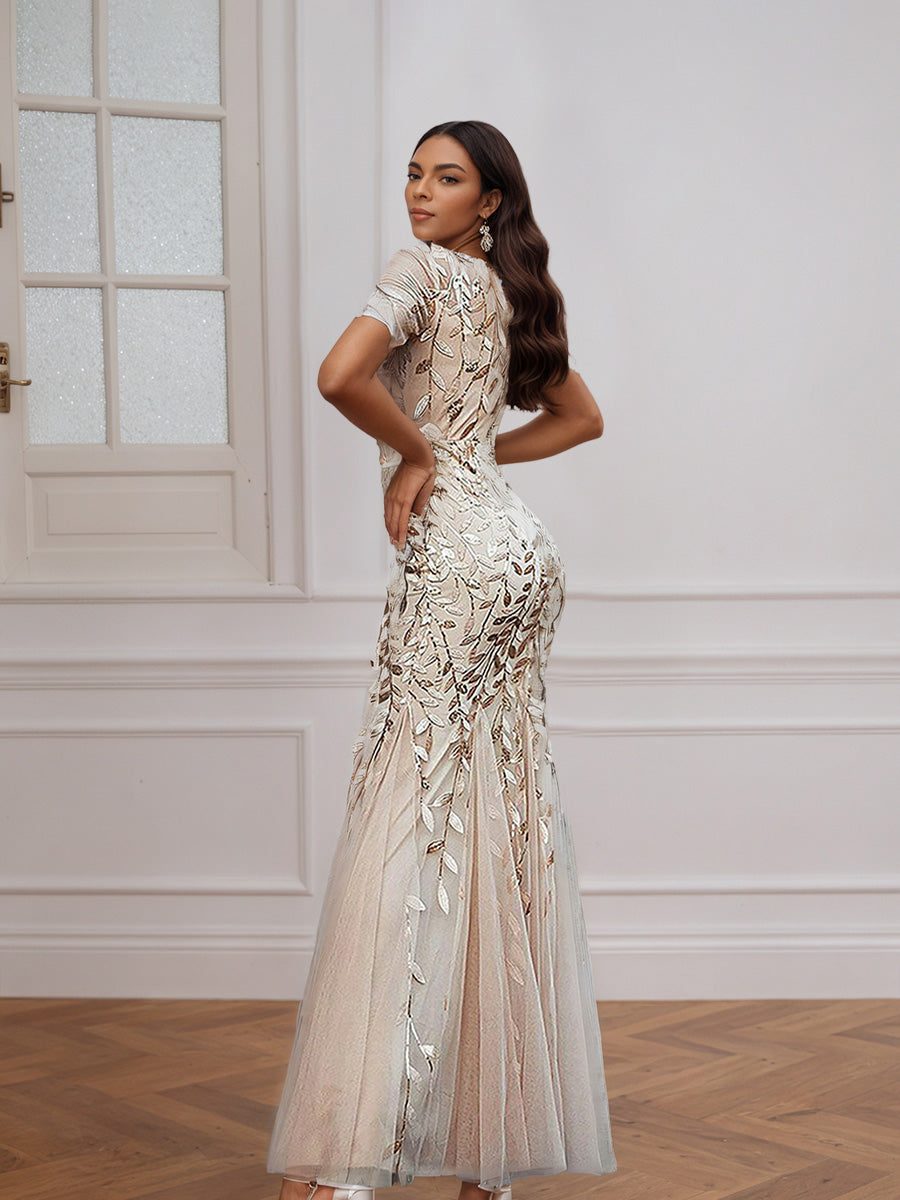 Cicinia Robe de Soirée en Champagne Longue en Dentelle Manches Courtes Décolleté en Coeur Ravissante