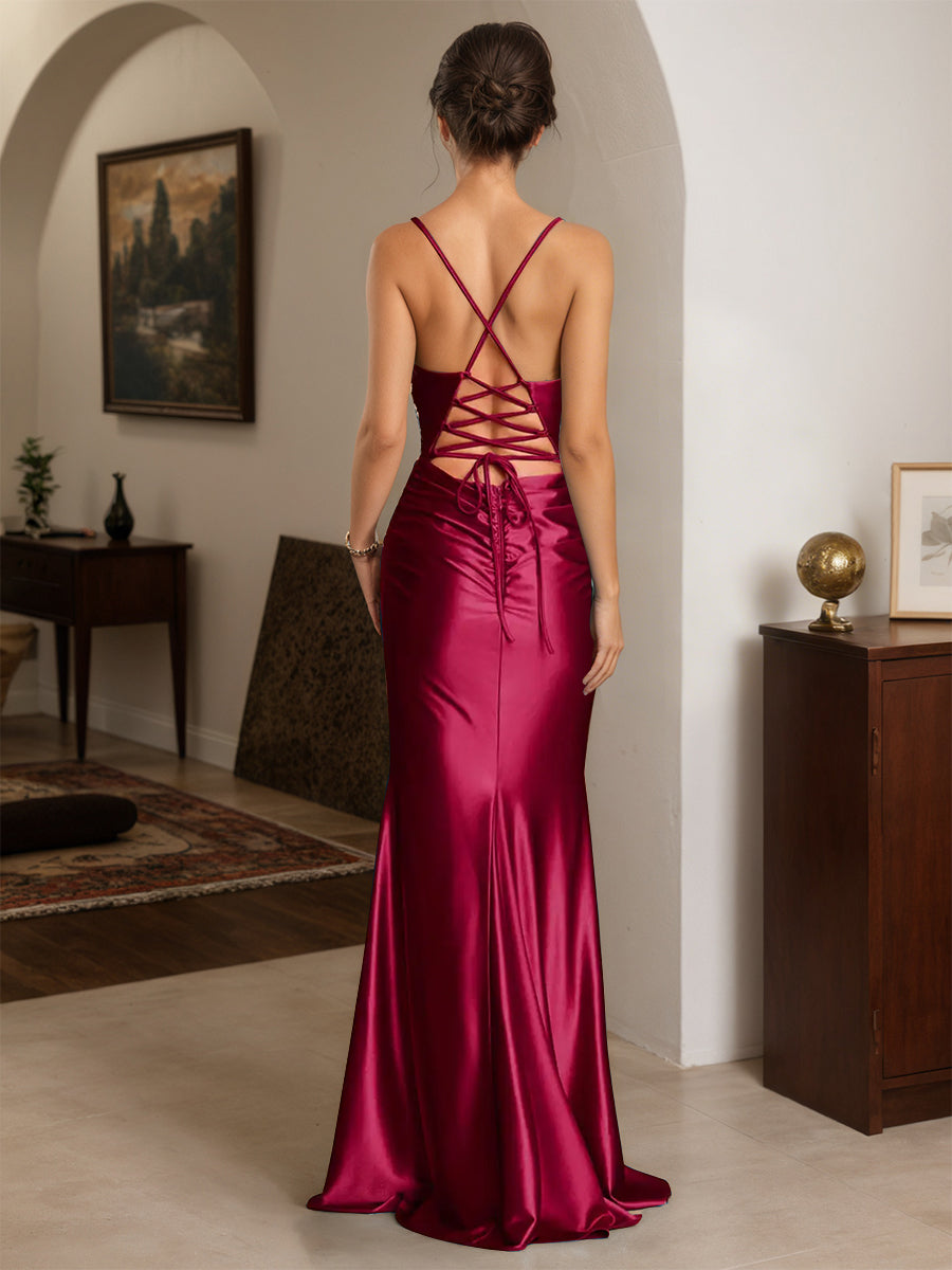 Cicinia Robe de Soirée BORDEAUX Longue en Satin Extensible Fourreau à Bretelles Spaghetti Dos Nud Chic