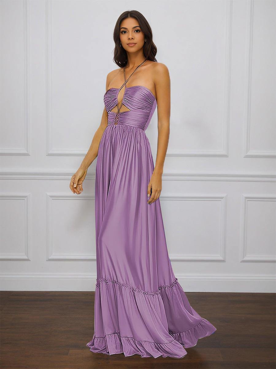 Cicinia Tahiti  Robe de Soirée Longue en Satin Doux A-Line Bretelles Spaghetti Traîne Balayée