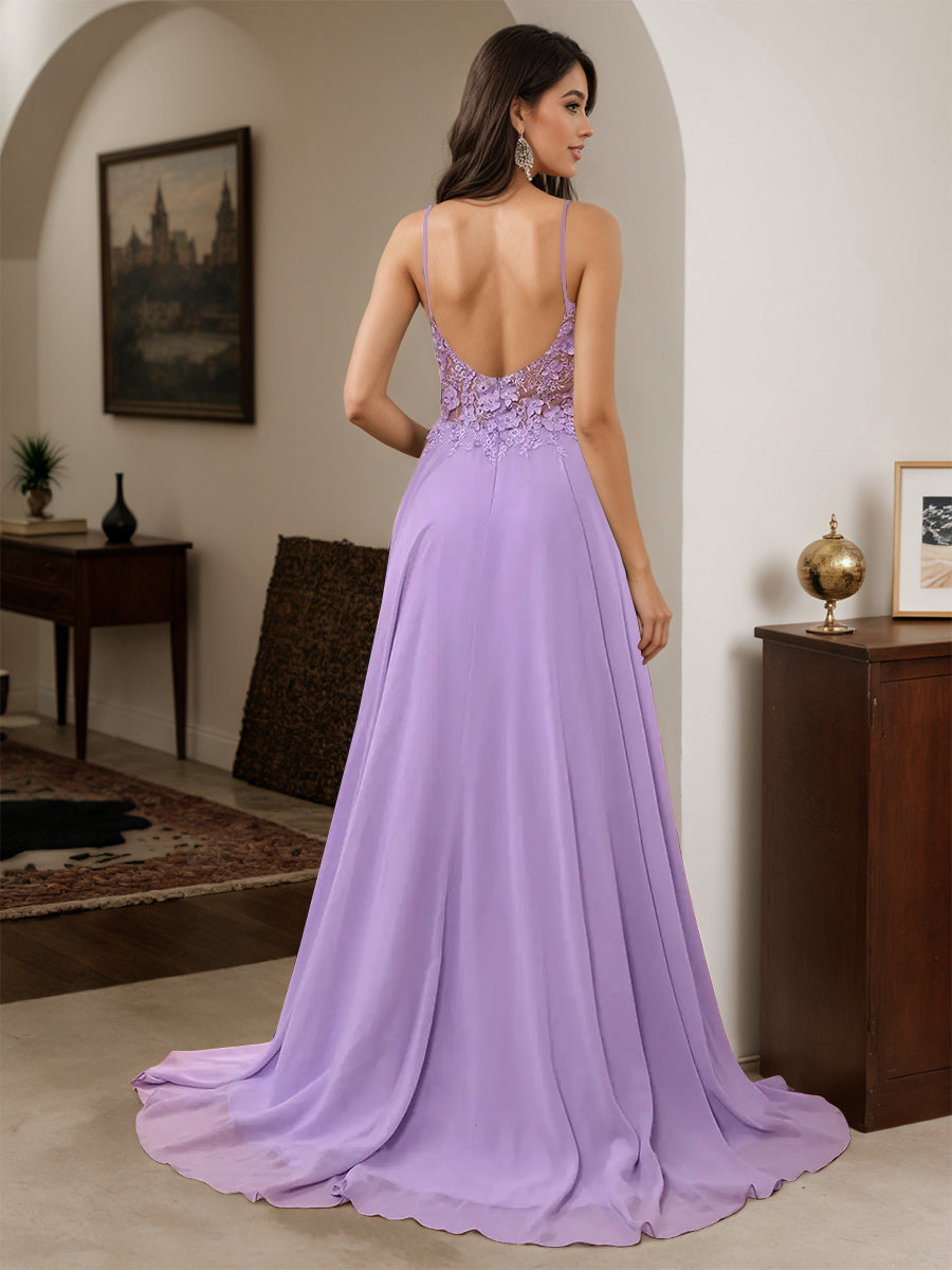 Cicinia Robe de Soirée Lilas Longue A-Line en Mousseline à Bretelles Spaghetti Dos Nud