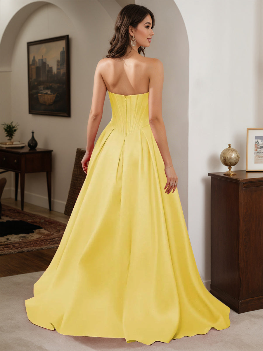 Cicinia Robe de Soirée CITRON Longue A-Line en Satin sans Bretelles Longueur Sol