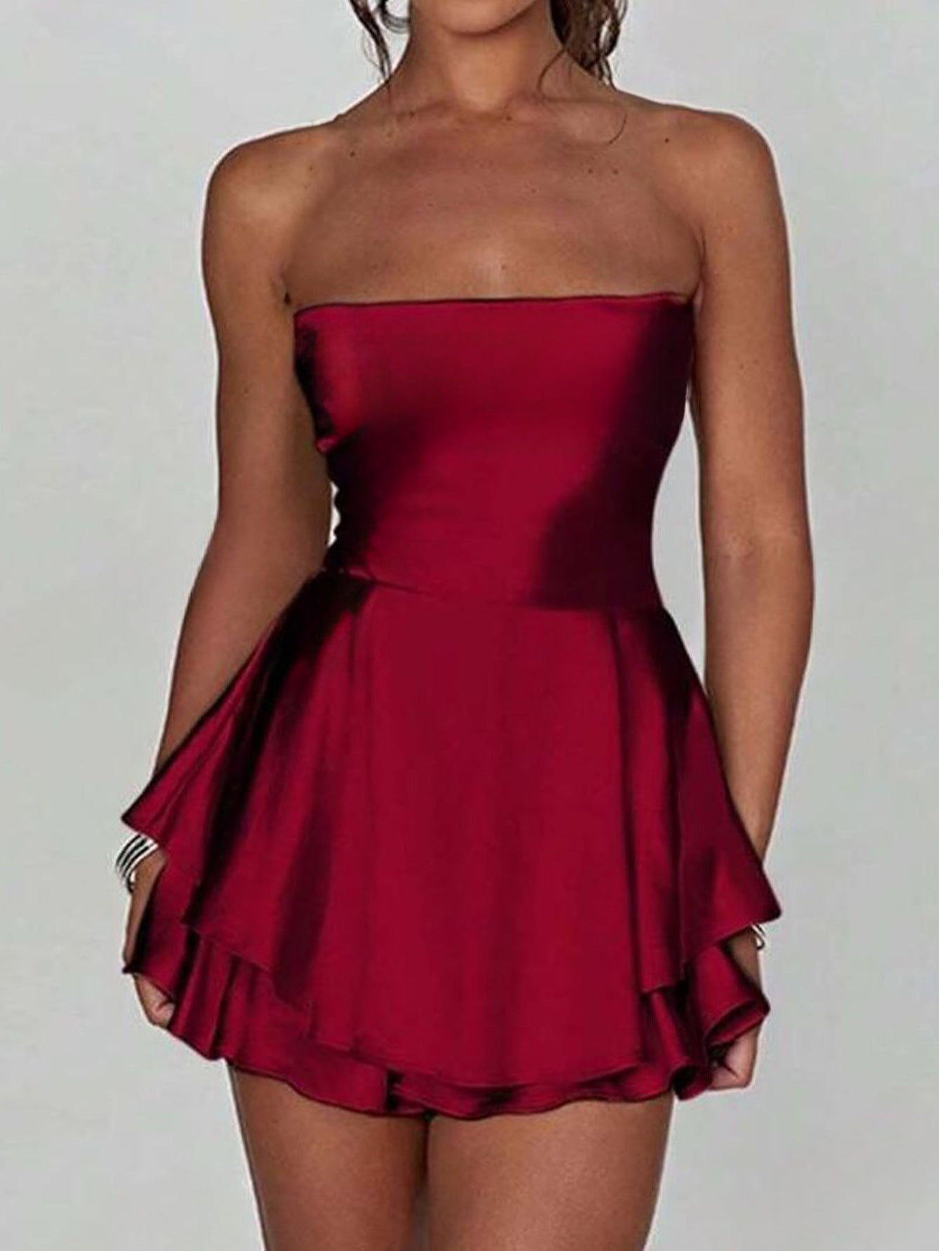 Robe Invitée Mariage ROUGE Satin Bustier Lacet Volanté Sans Bretelles