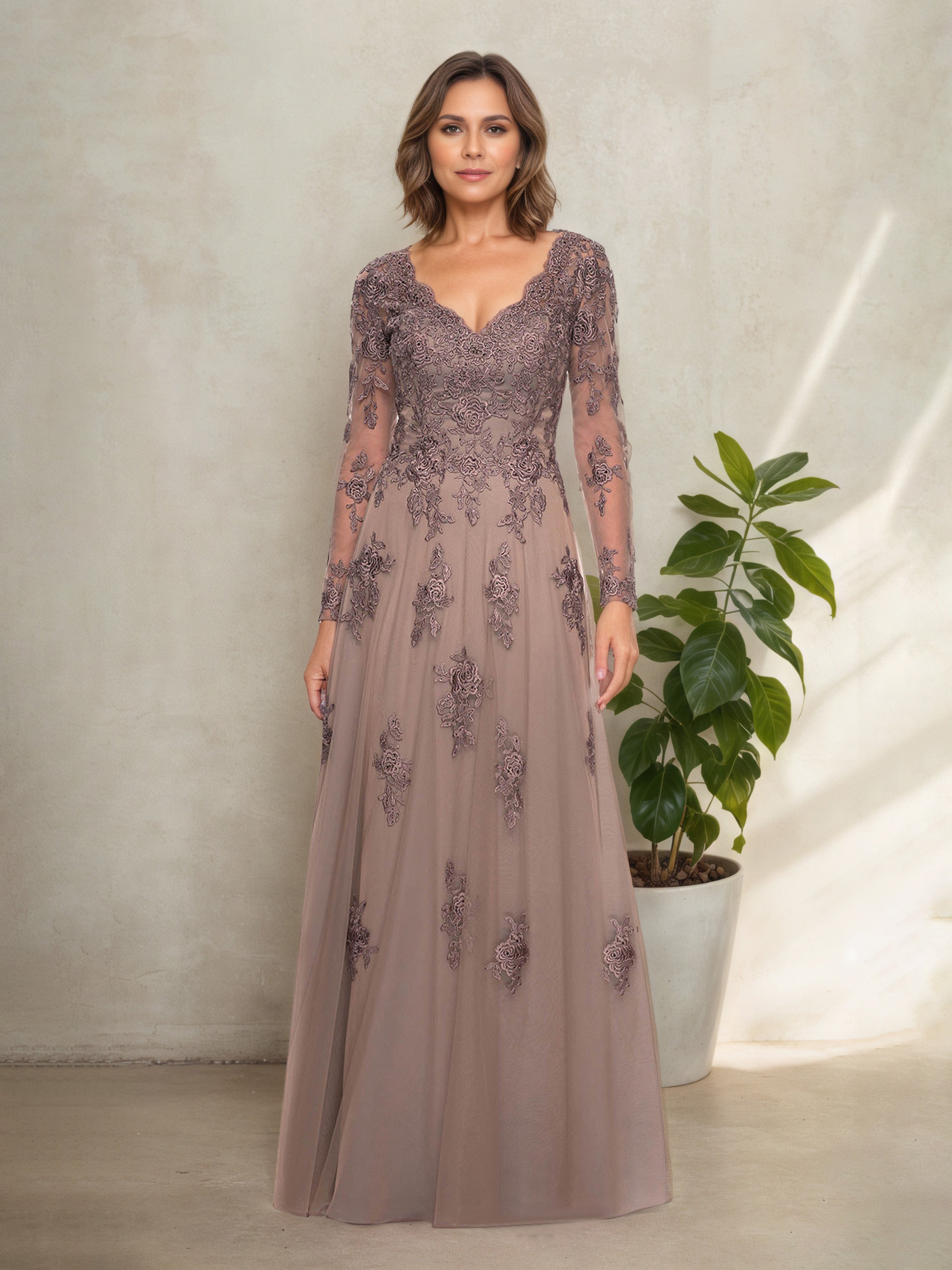 Robe Mère de la Mariée VINTAGE_MAUVE Col V en Dentelle Manches Longues