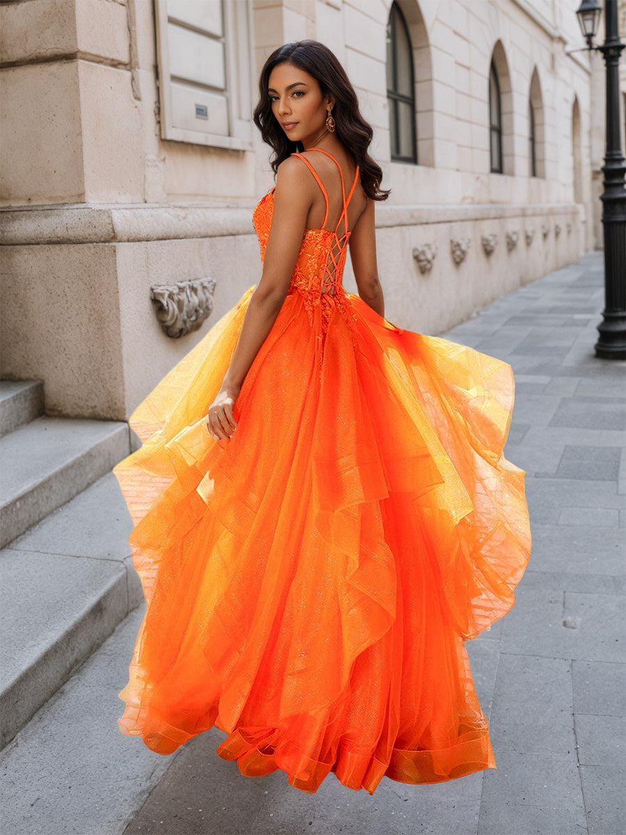 Cicinia Orange Robe de Soirée Princesse Longue à Bretelles Spaghetti à Volants Unique