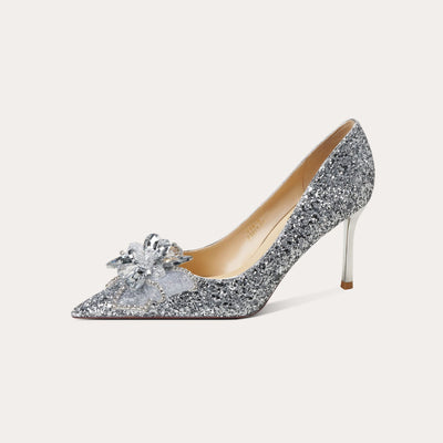 Bout pointu Nœud papillon avec fleur de cristal Chaussures de soirée pour femmes