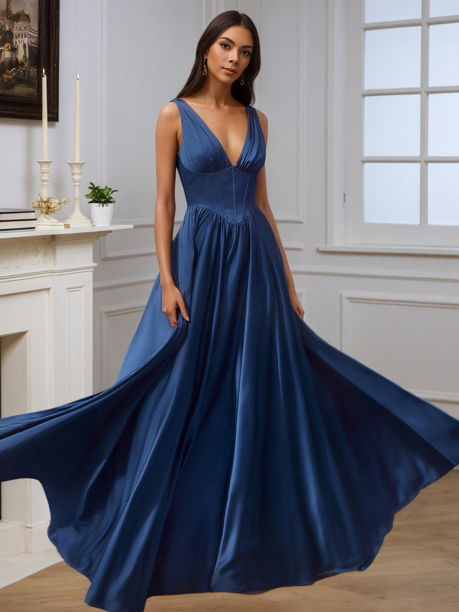 Cicinia Robe de Soirée BLEU MARINE Longue en Satin Doux A-Line Décolleté en V