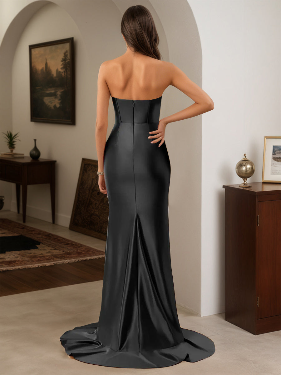 Cicinia Robe de Soirée Noir Longue Fourreau à Volants Décolleté Cœur avec Traîne Balayée