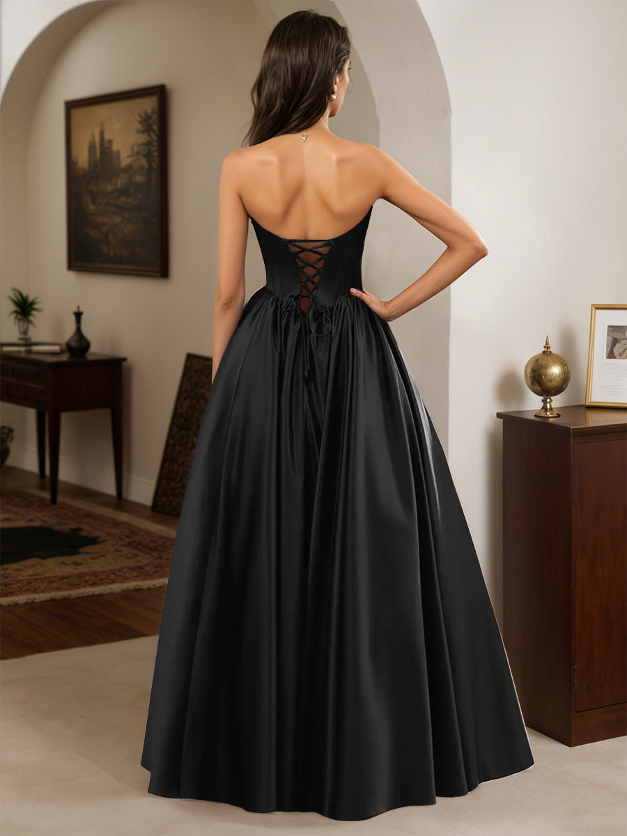 Cicinia Noir Robe de Soirée Longue A-Line en Satin sans Bretelles Longueur Sol