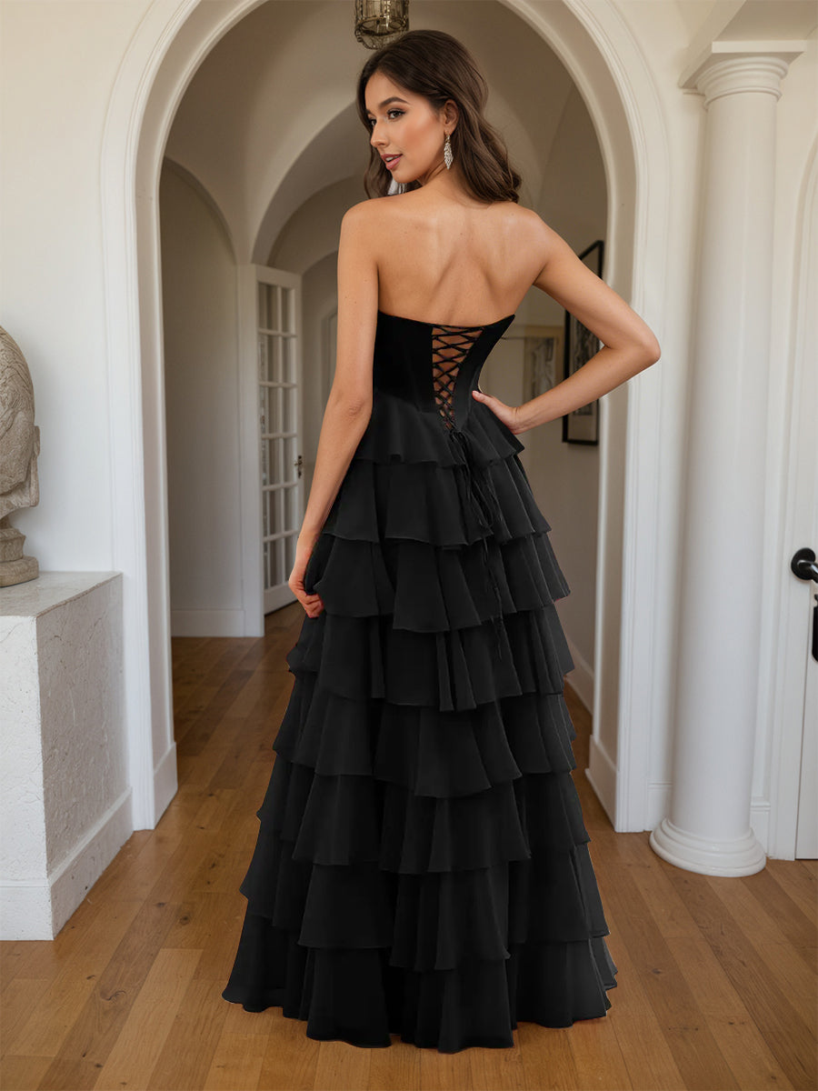 Cicinia Robe de Soirée Noir Longue A-Line Décolleté Cœur Fente à Volants