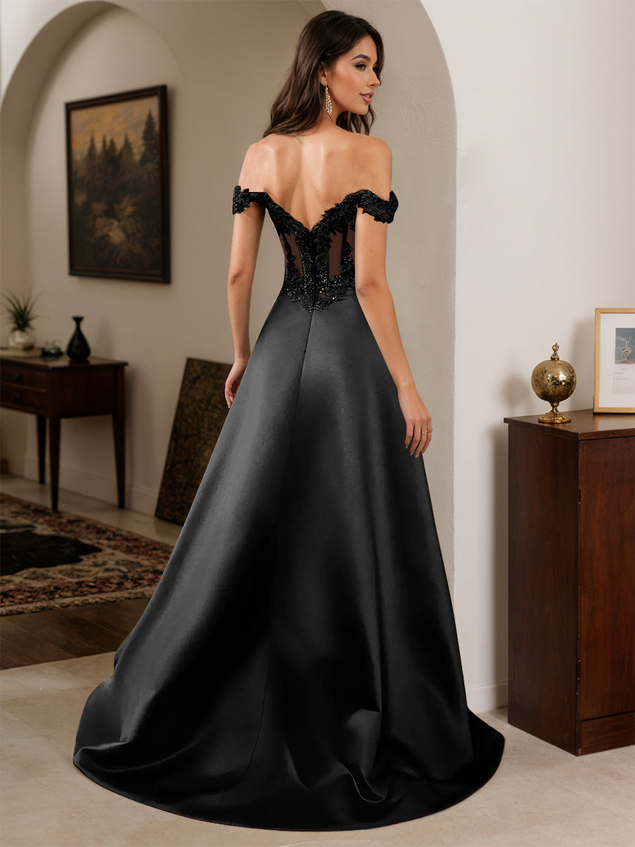 Cicinia Robe de Soirée Noire Longue A-Line Appliqués Dentelle Épaules Dénudées