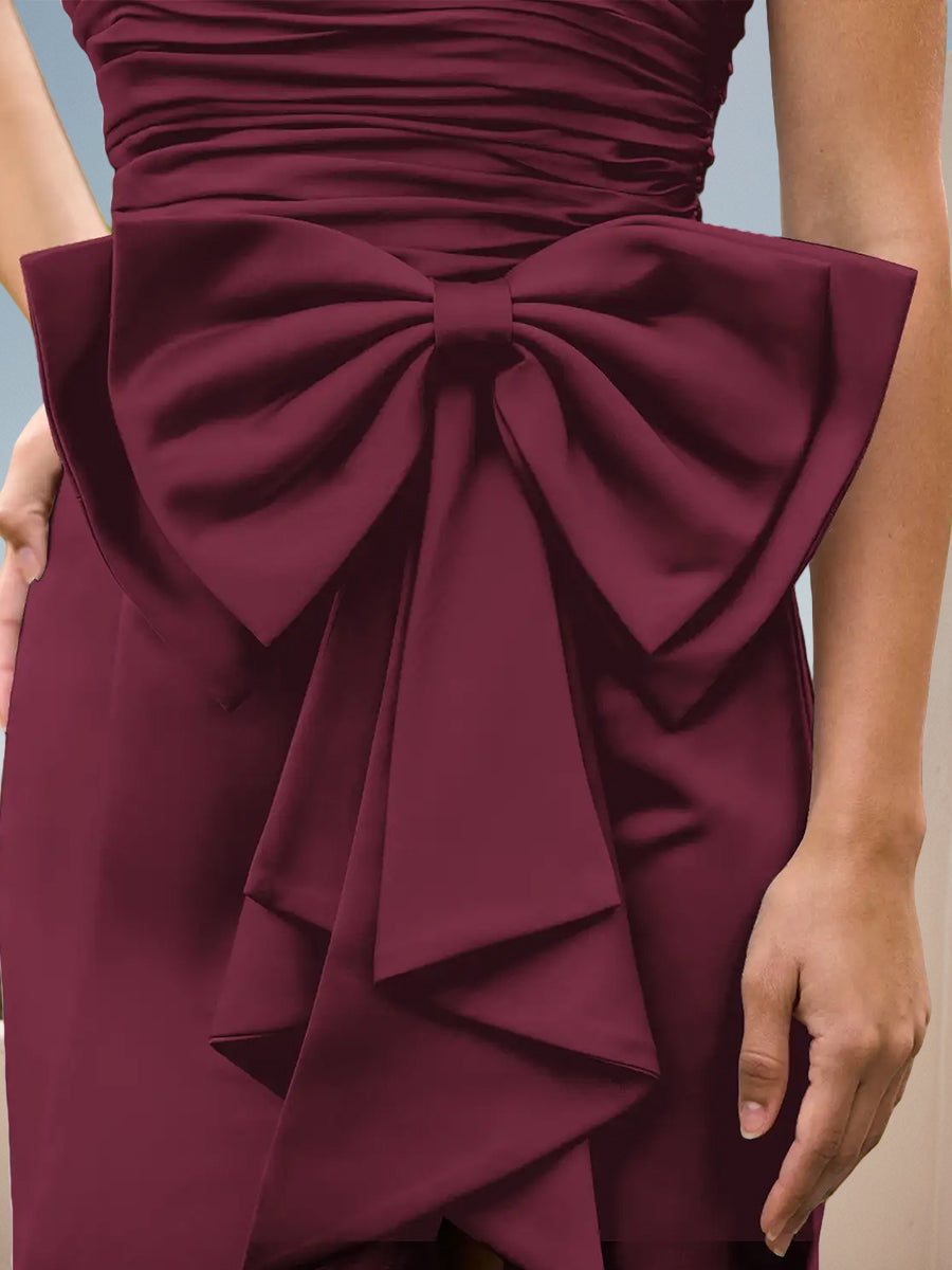 Cicinia Robe de Soirée Mûre Longue en Tissu Extensible Fourreau sans Bretelles Fente avec Grand Nœud Papillon