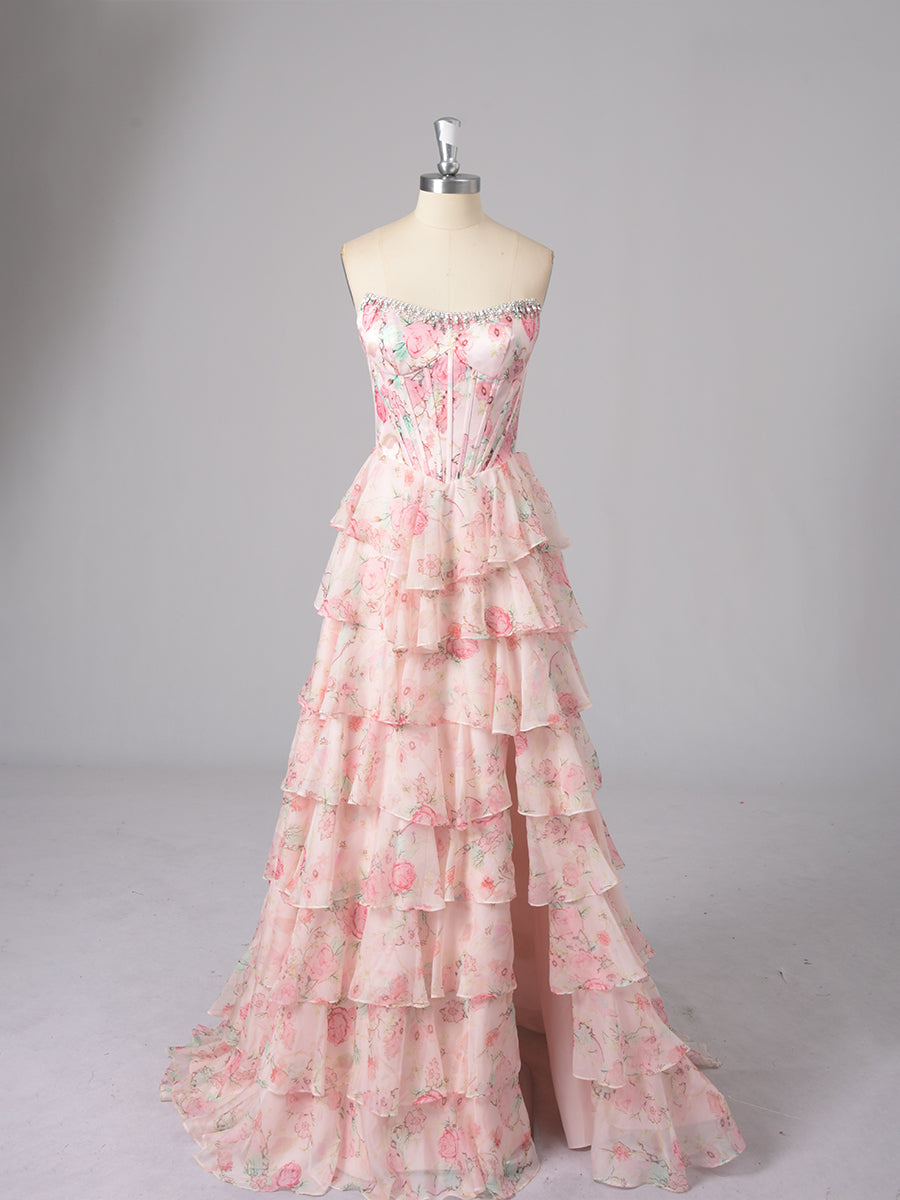 Cicinia ROSE PALE Robe de Soirée Longue en Tissu Imprimé A-Line sans Manches Fente à Volants
