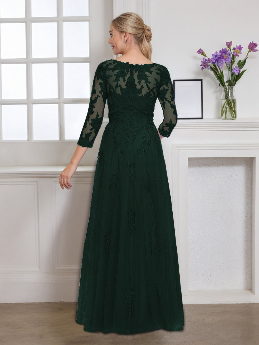 Cicinia Robe pour Mère de la Mariée VERT FONCE Longue en Tulle Appliqués Dentelle Décolleté en V Manches Trois-Quarts
