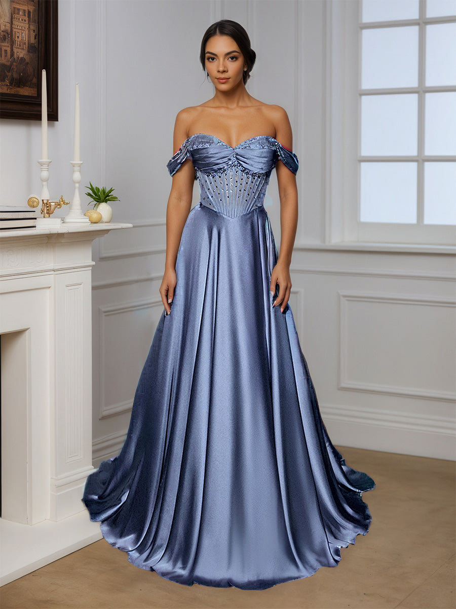 Cicinia Robe de Soirée BLEU POUDRE Longue A-Line Perlé Épaules Dénudées Traîne Balayée Ravissante