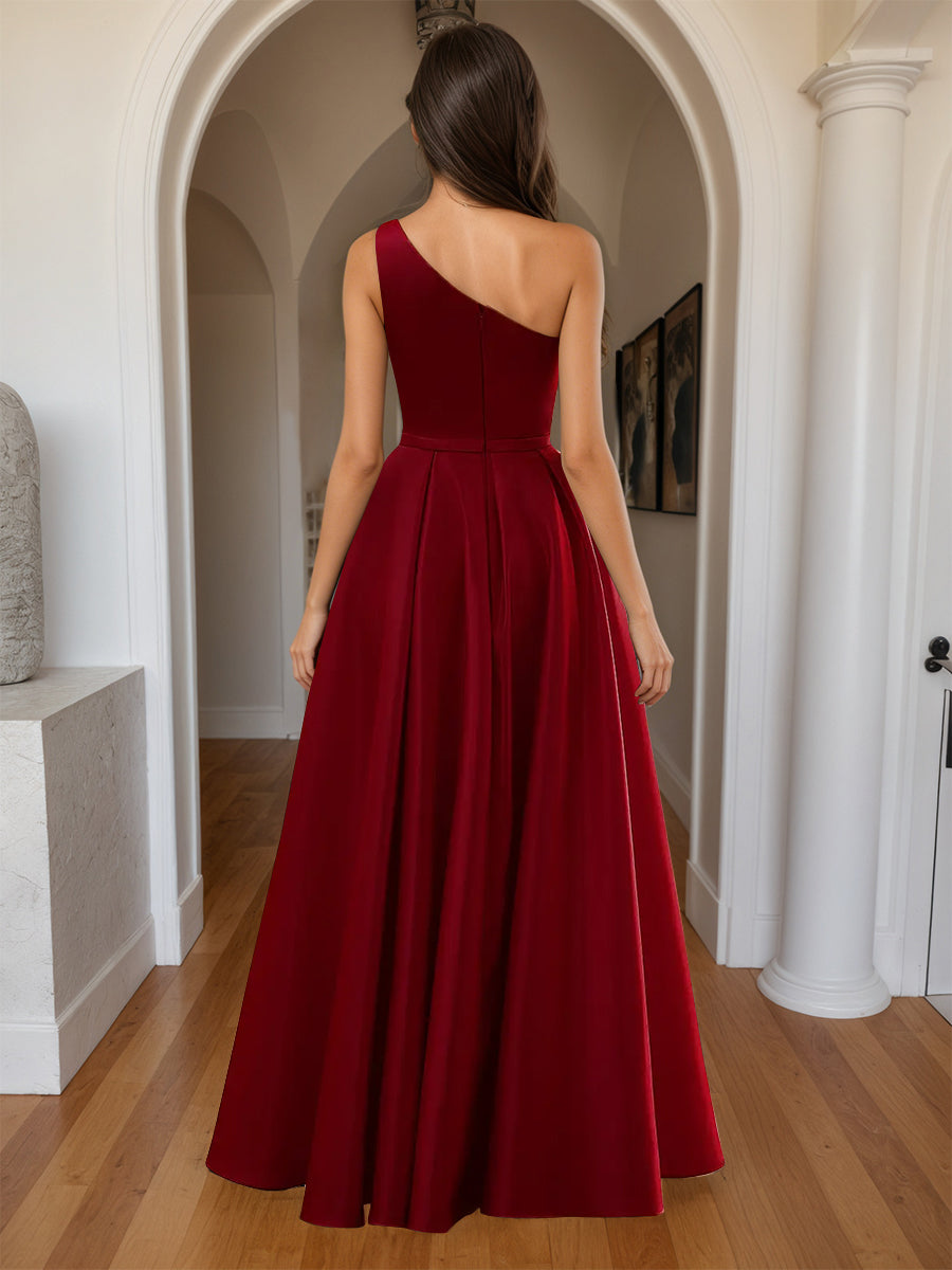 Cicinia Robe de Soirée BORDEAUX Longue A-Line en Satin Une Épaule Fente Longueur Sol