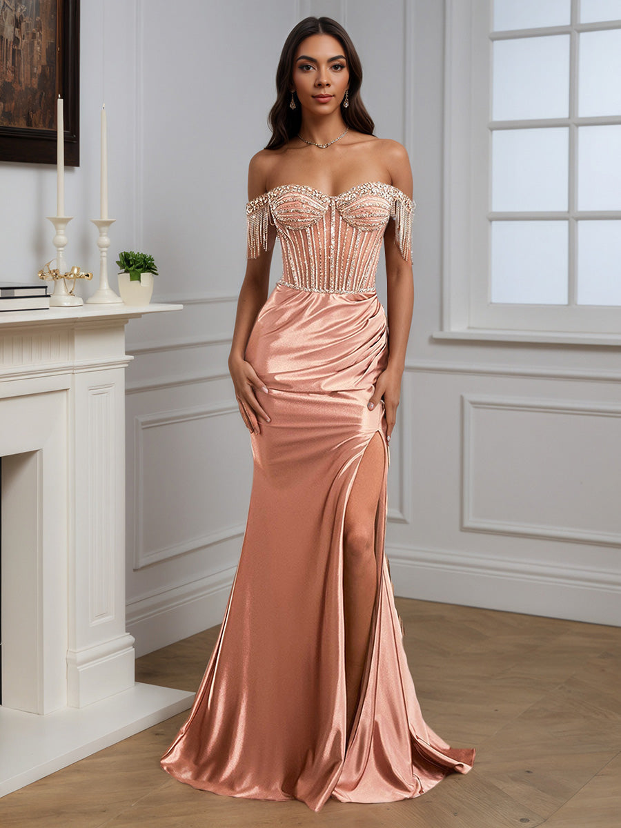 Cicinia ROSE Robe de Soirée Longue Perlé Épaules Dénudées Ravissante