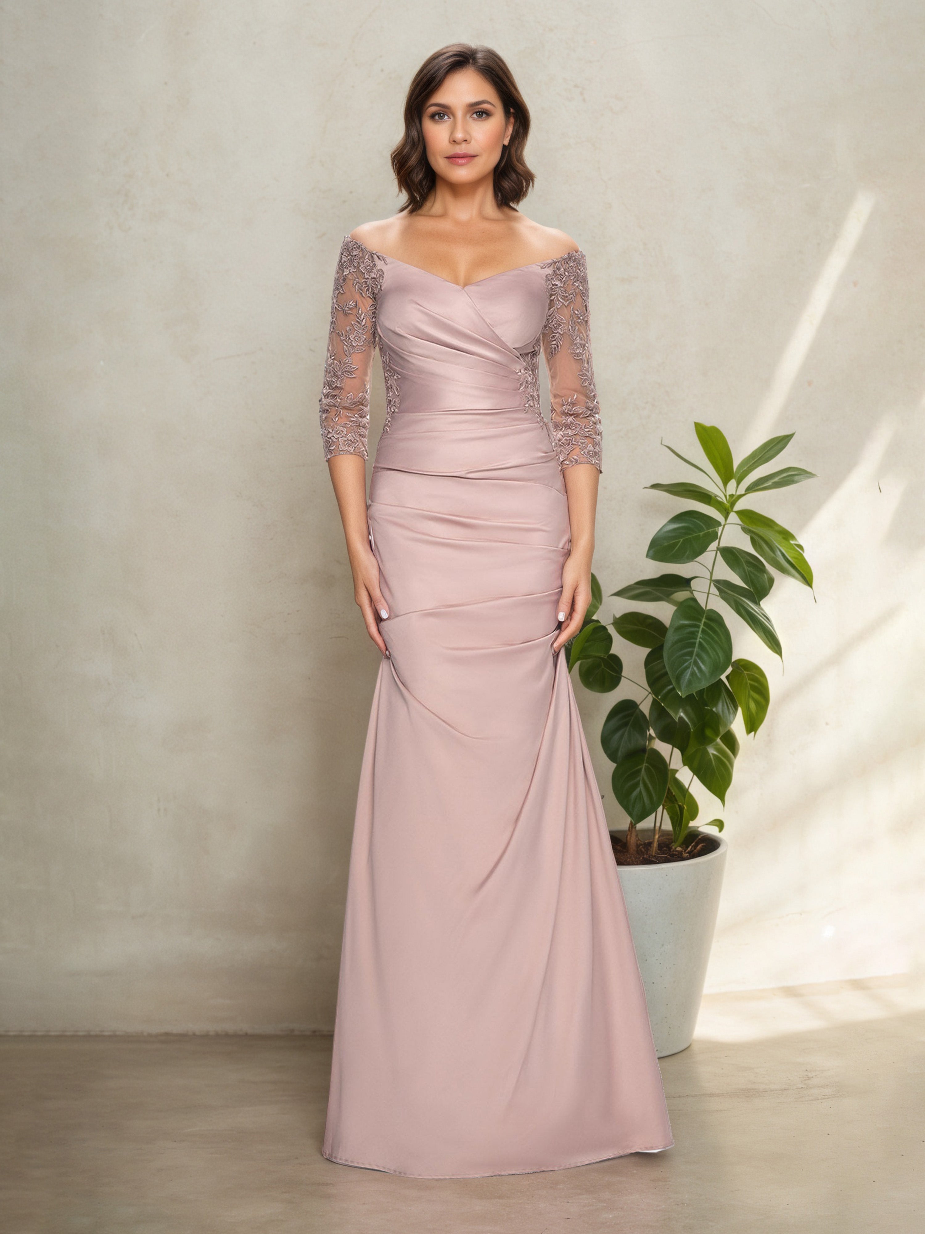 Robe Mère de la Mariée ROSE_POUDRE à Épaules Dénudées Manches Longues avec Effet Plissé