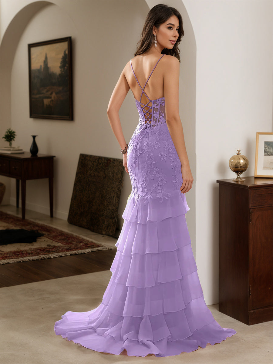 Cicinia Robe de Soirée TAHITI Longue Fourreau en Mousseline Appliqués Dentelle à Volants à Bretelles Spaghetti
