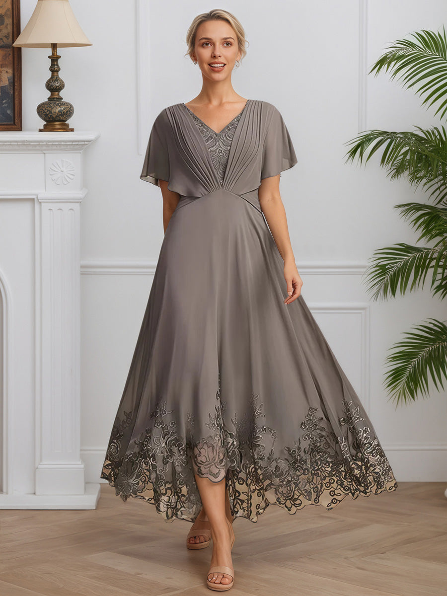 Cicinia Gris Robe pour Mère de la Mariée en Dentelle et Mousseline A-Line Décolleté en V