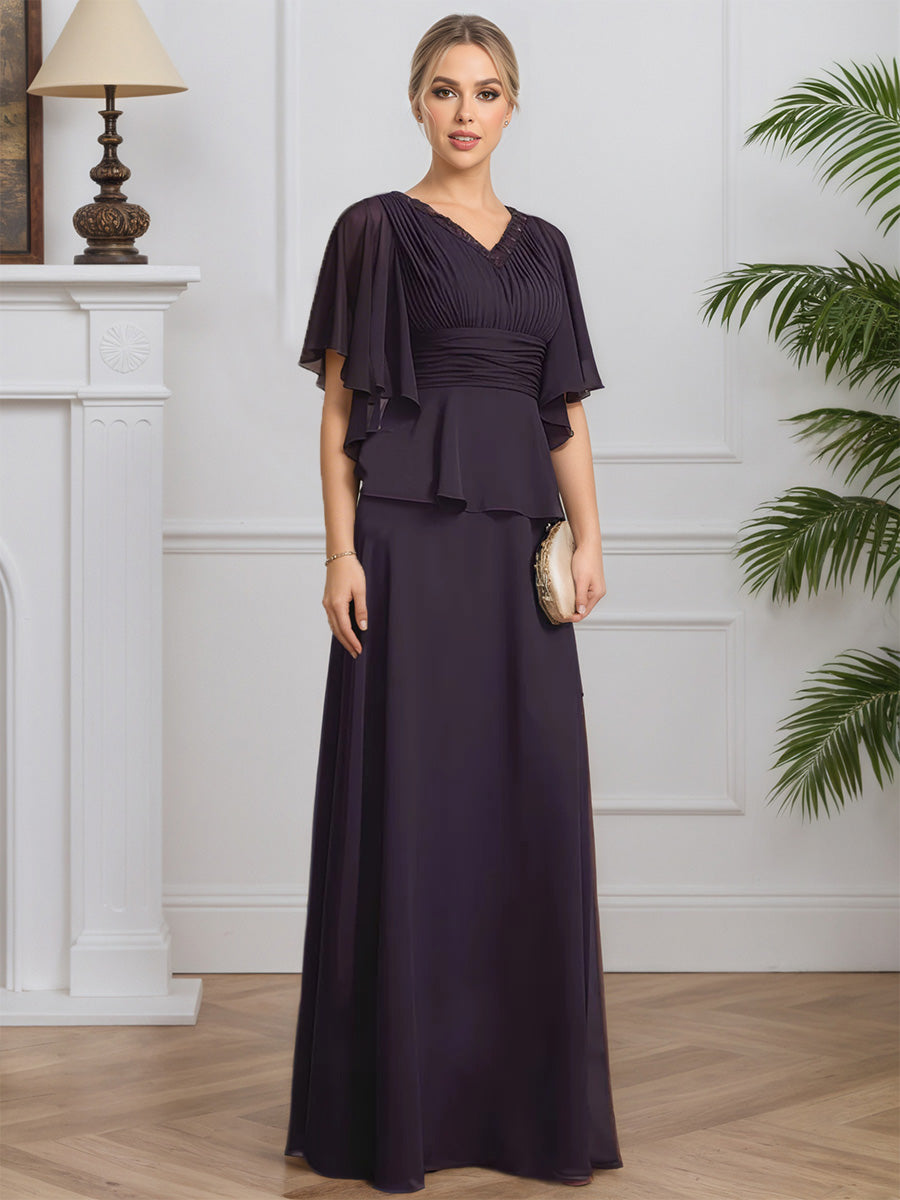 Cicinia Prune Robe pour Mère de la Mariée Longue en Mousseline A-Line Perlé Décolleté en V
