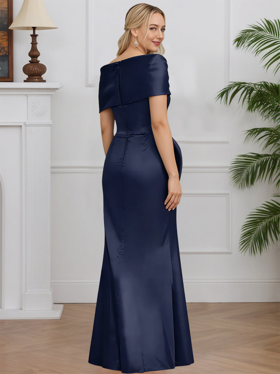 Cicinia MARINE FONCE Robe pour Mère de la Mariée Longue en Satin Fourreau sans Manches Longueur Sol Élégante Encolure Asymétrique