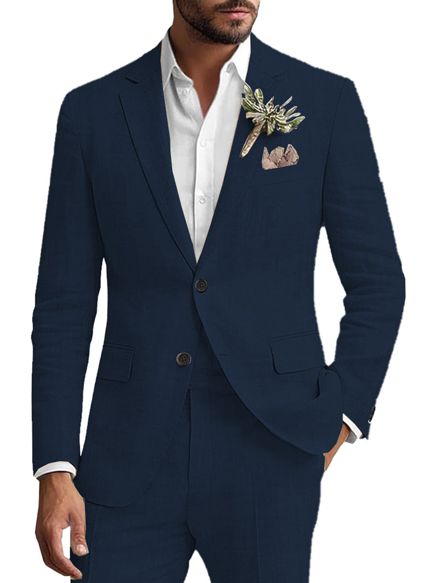 Costume Homme 2 Pièces BLEU_MARINE en Lin Pour le Marié et les Affaires Décontractées Élégance Respirante