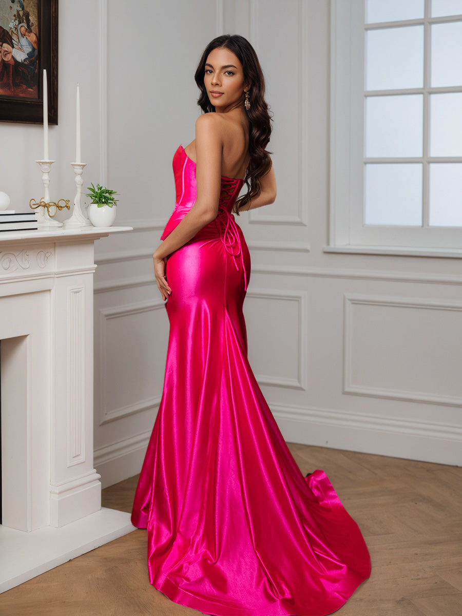 Cicinia Robe de Soirée FUCHSIA Sirène Longue sans Bretelles Fente Traîne Balayée