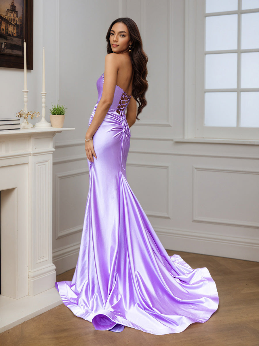 Cicinia Lilas Robe de Soirée Sirène Longue sans Bretelles Fente Traîne Balayée