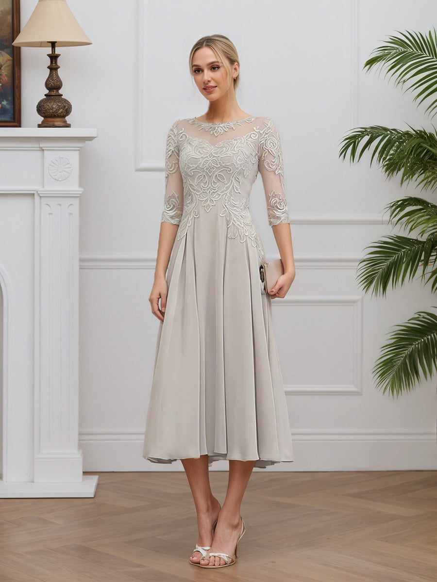 Cicinia Argent Robe pour Mère de la Mariée Longue en Mousseline et Dentelle A-Line Longueur Midi (Thé)