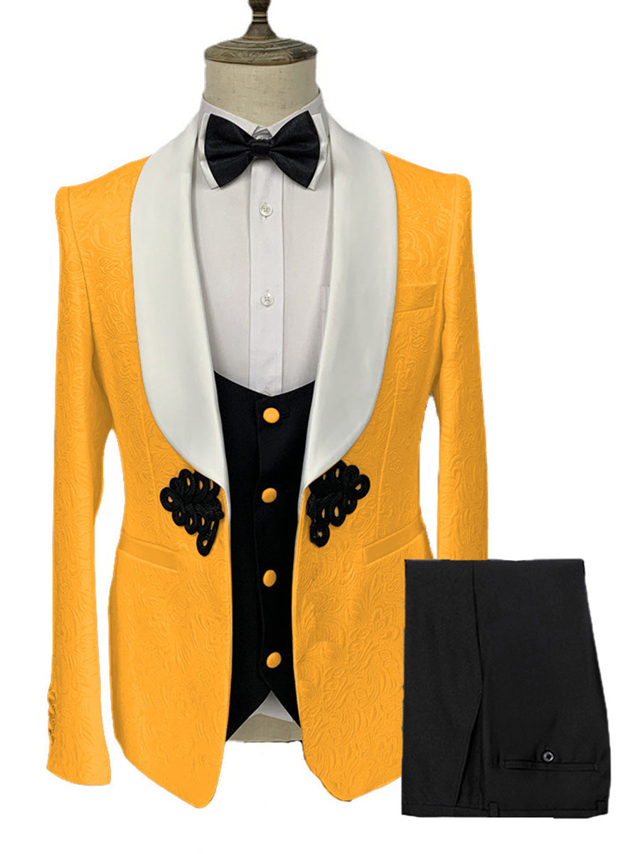 Costume Homme 3 Pièces en Or à Motif Jacquard Élégance Racée pour Marié et Garçons d'Honneur