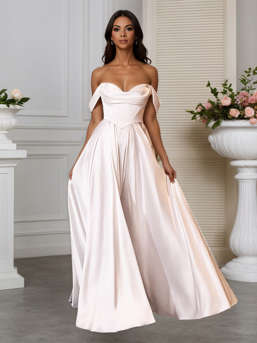 Cicinia Robe de Mariée Longue A-Line Épaules Dénudées à Plis Longueur Sol Charmante