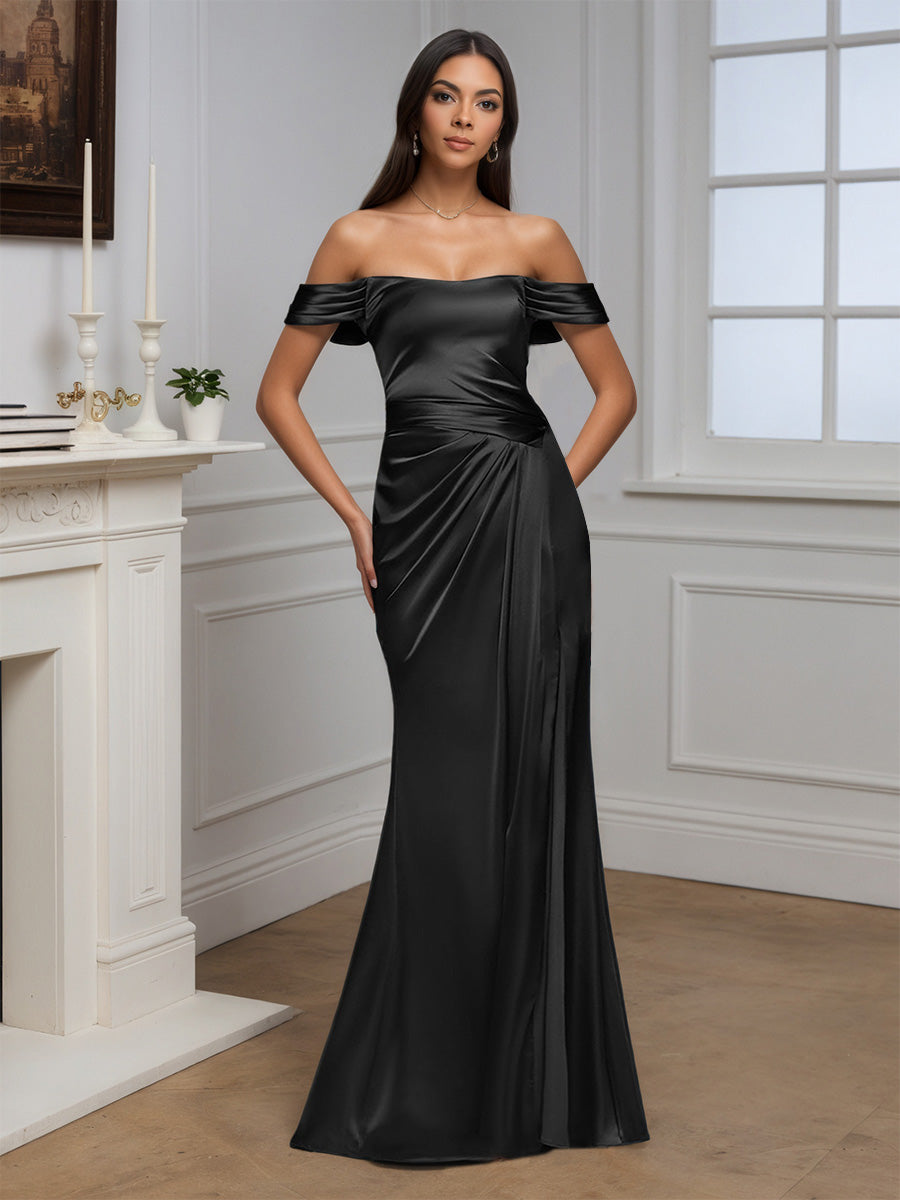 Cicinia Robe de Soirée de Gala Noir Longue Fourreau Épaules Dénudées Traîne Balayée
