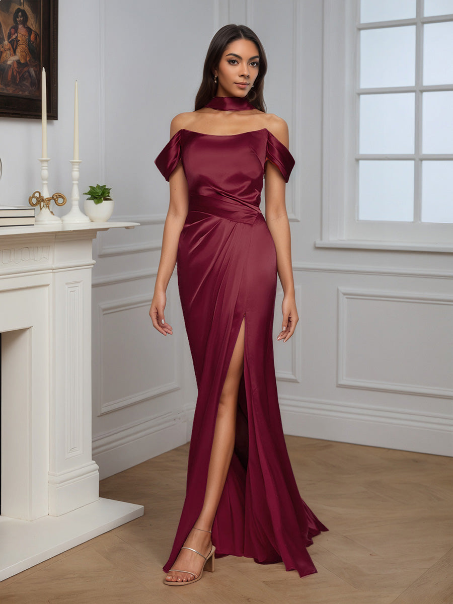 Cicinia Robe de Soirée de Gala BORDEAUX Longue Fourreau Épaules Dénudées Traîne Balayée