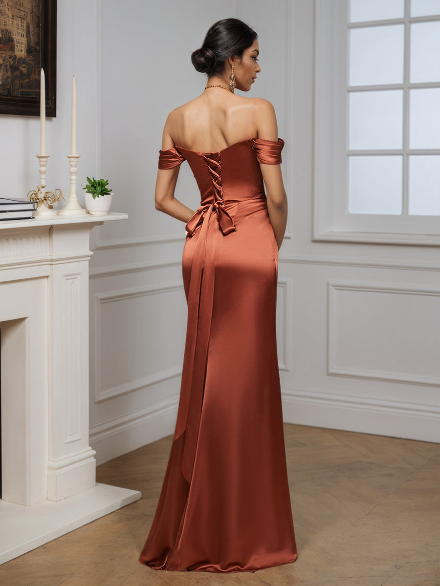 Cicinia Robe de Soirée de Gala Terre Cuite Longue Fourreau Épaules Dénudées Traîne Balayée