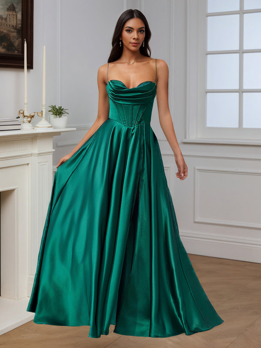Cicinia Robe de Soirée Paon Longue A-Line à Bretelles Spaghetti Fente Longueur Sol Épurée