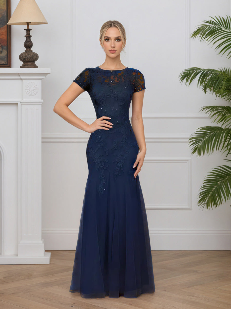 Cicinia Bleu Marine Foncé Robe pour Mère de la Mariée Longue en Dentelle et Tulle Sirène Longueur Sol