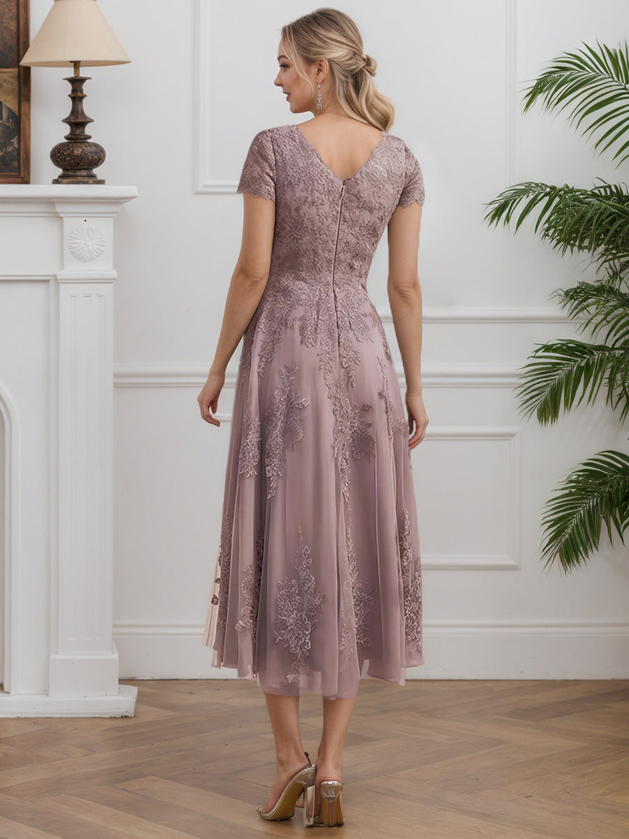 Cicinia Crépuscule Robe pour Mère de la Mariée Longue en Mousseline et Dentelle A-Line Longueur Midi (Thé) Manches Courtes