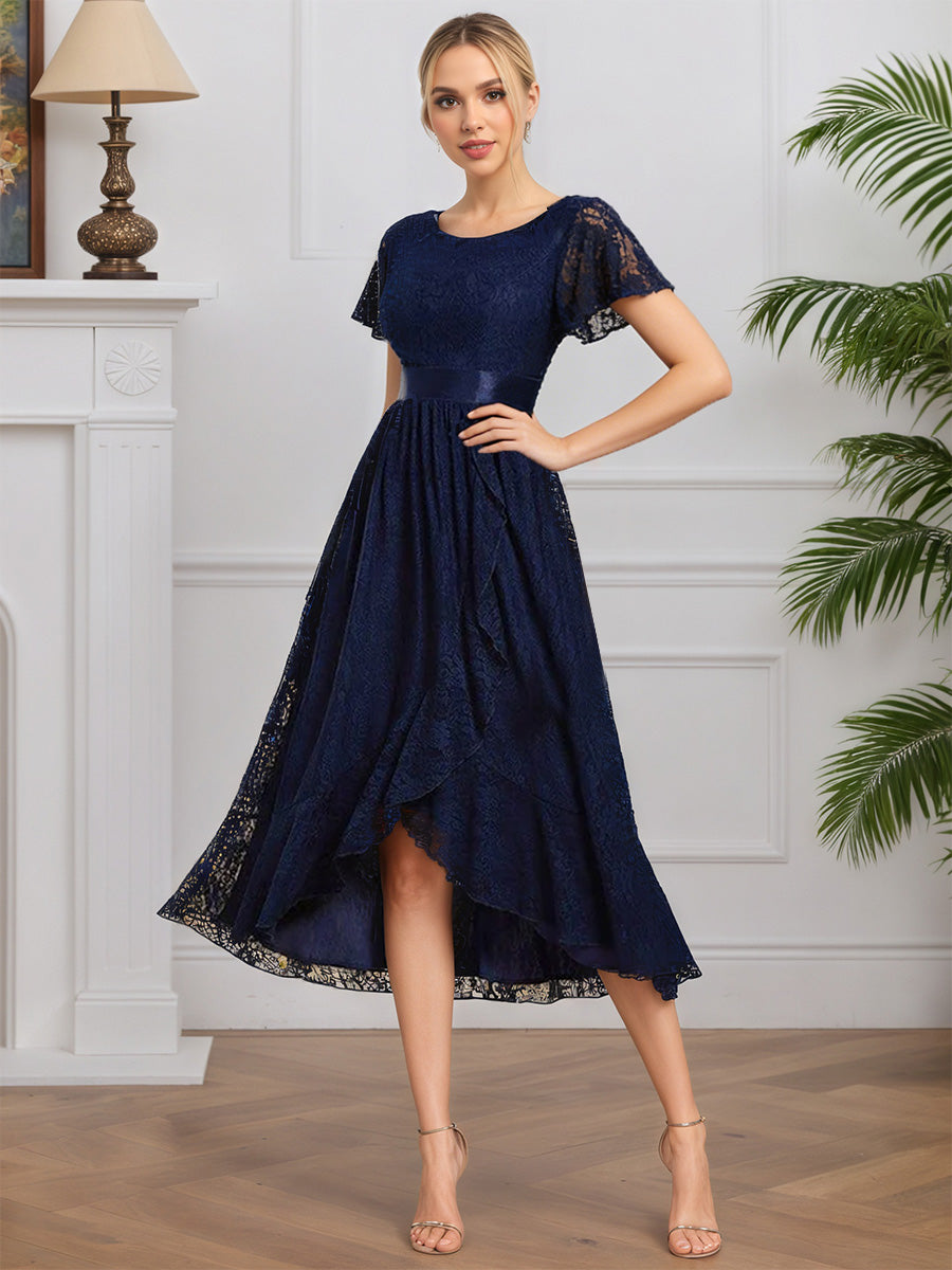 Cicinia Bleu Marine Robe pour Mère de la Mariée Longue en Dentelle A-Line Longueur Midi (Thé) Manches Courtes